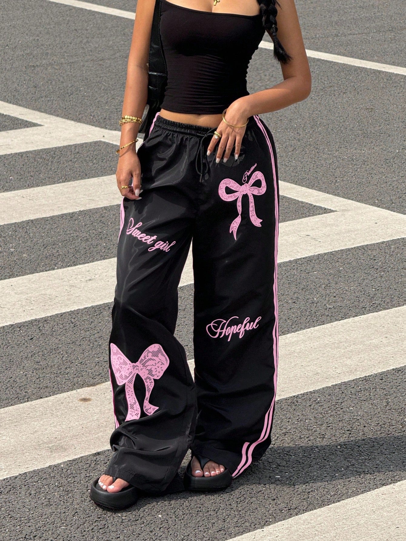 Muchica Y2k Bottoms Woven Black Pants With Pink Bow Print Wide Leg Trousers,Fall, Summer Outfits, Beach For Women, Holiday