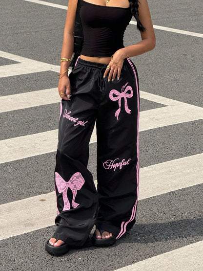Muchica Y2k Bottoms Woven Black Pants With Pink Bow Print Wide Leg Trousers,Fall, Summer Outfits, Beach For Women, Holiday