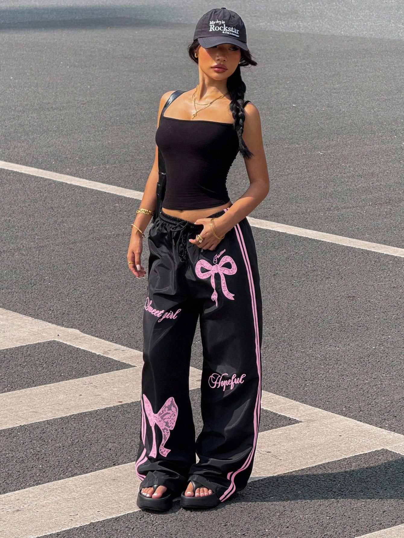 Muchica Y2k Bottoms Woven Black Pants With Pink Bow Print Wide Leg Trousers,Fall, Summer Outfits, Beach For Women, Holiday