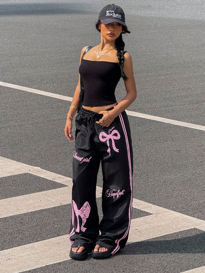 Muchica Y2k Bottoms Woven Black Pants With Pink Bow Print Wide Leg Trousers,Fall, Summer Outfits, Beach For Women, Holiday