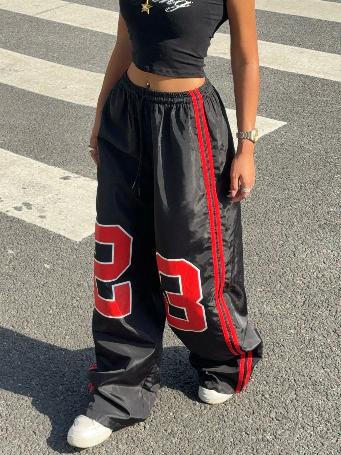 Muchica Y2k Bottoms Woven Black Pants With Pink Bow Print Wide Leg Trousers,Fall, Summer Outfits, Beach For Women, Holiday
