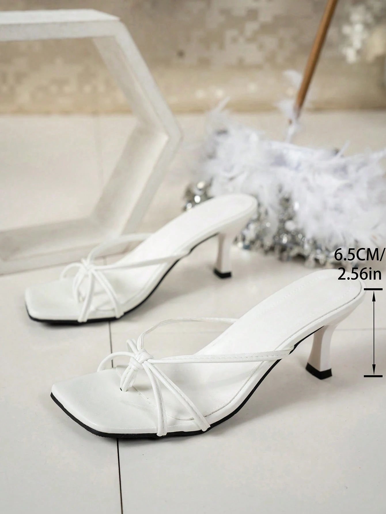 Multi-Strap Criss-Cross Design Slip-On Square Toe Stiletto Heel Sandals, Fashionable High Heel Slides For Women, Comfortable White High Heels, Kitten Heel, Elegant High Heels For Women, Suitable For F