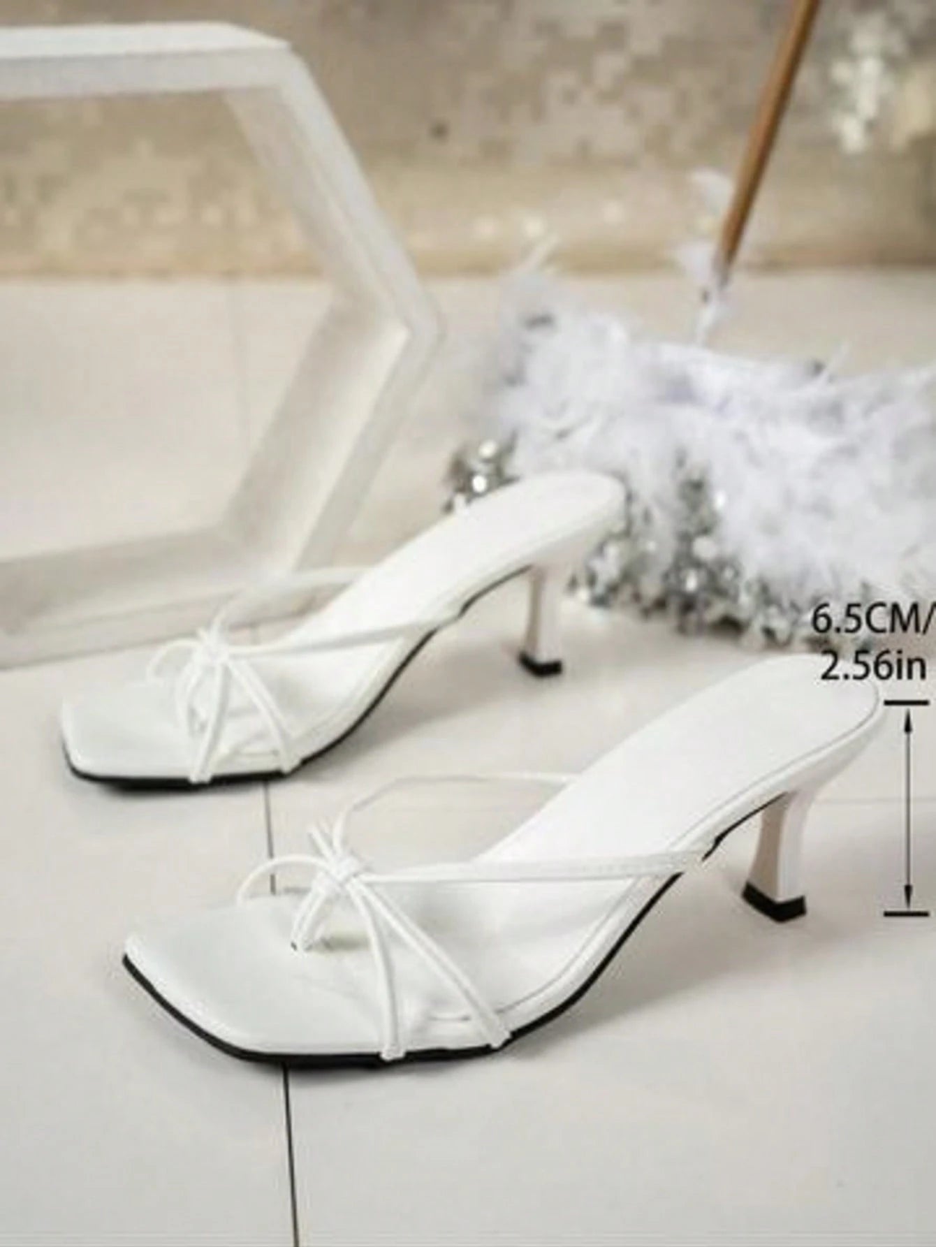 Multi-Strap Criss-Cross Design Slip-On Square Toe Stiletto Heel Sandals, Fashionable High Heel Slides For Women, Comfortable White High Heels, Kitten Heel, Elegant High Heels For Women, Suitable For F