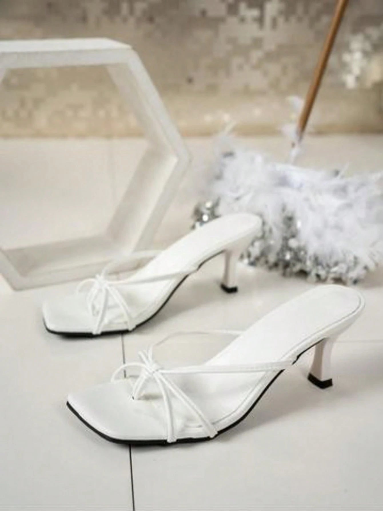 Multi-Strap Criss-Cross Design Slip-On Square Toe Stiletto Heel Sandals, Fashionable High Heel Slides For Women, Comfortable White High Heels, Kitten Heel, Elegant High Heels For Women, Suitable For F