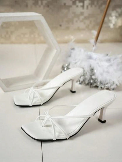 Multi-Strap Criss-Cross Design Slip-On Square Toe Stiletto Heel Sandals, Fashionable High Heel Slides For Women, Comfortable White High Heels, Kitten Heel, Elegant High Heels For Women, Suitable For F