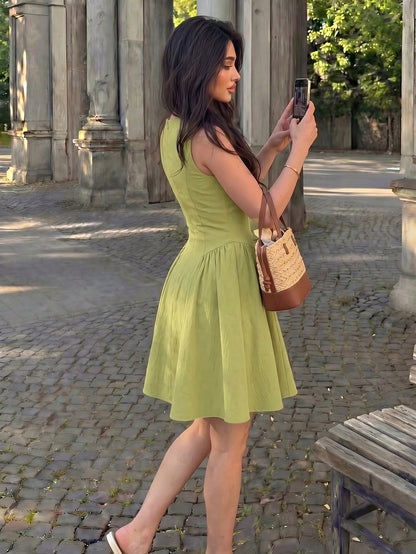 Mulvari Women's Lime Green Summer Cute Elegant Vacation Holiday Dress,Sleeveless Waist Gathered A-Line Skater Mini Dress With Bow, Cut Out Outfits