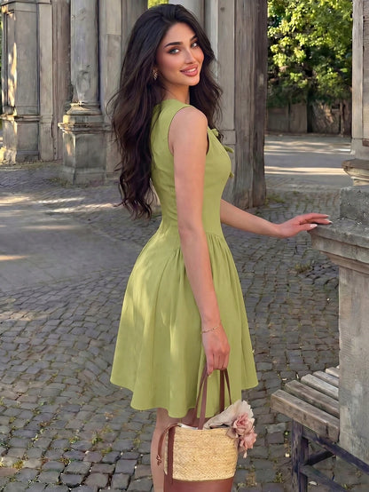 Mulvari Women's Lime Green Summer Cute Elegant Vacation Holiday Dress,Sleeveless Waist Gathered A-Line Skater Mini Dress With Bow, Cut Out Outfits