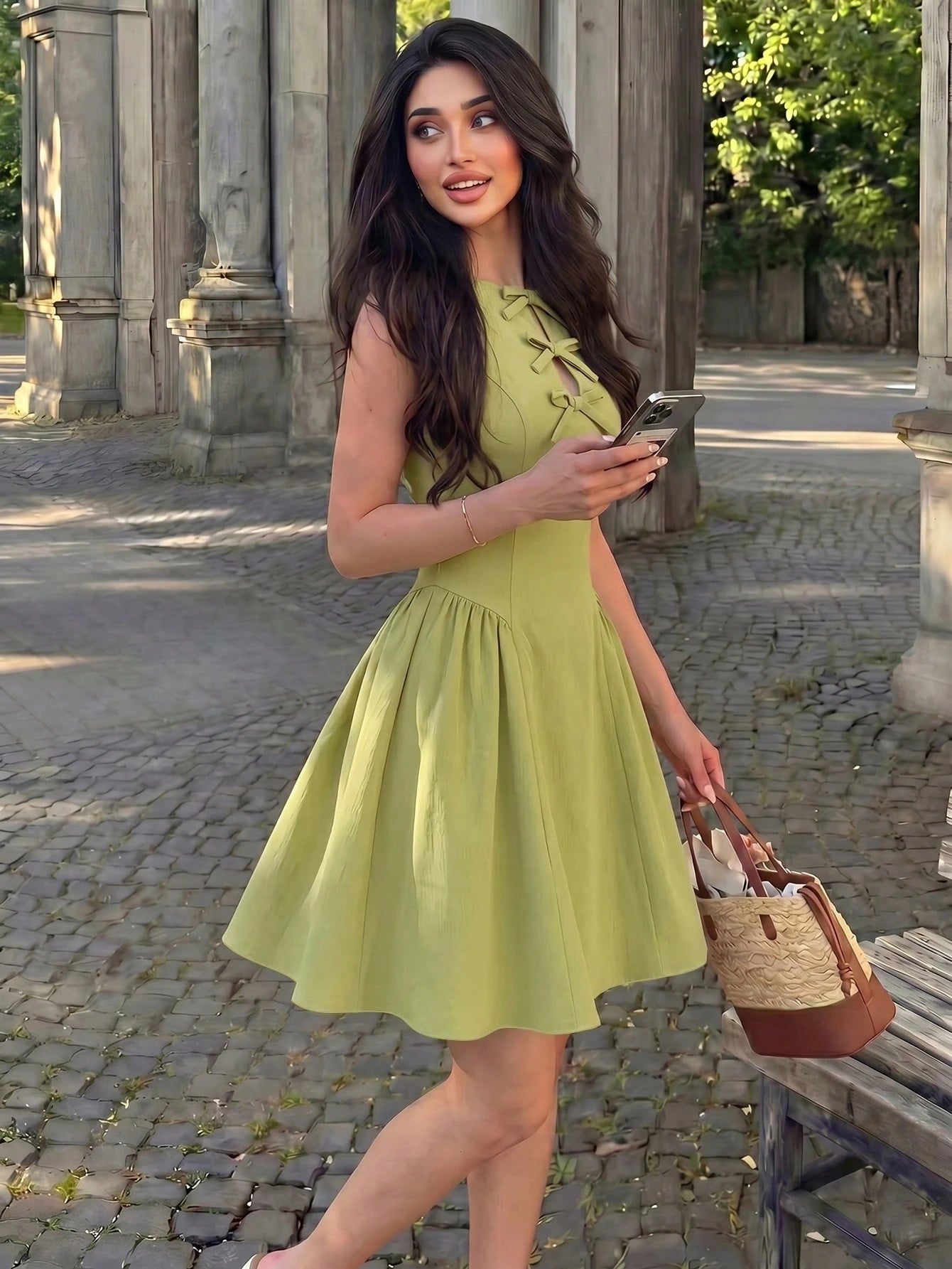 Mulvari Women's Lime Green Summer Cute Elegant Vacation Holiday Dress,Sleeveless Waist Gathered A-Line Skater Mini Dress With Bow, Cut Out Outfits