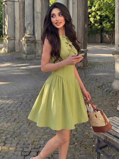 Mulvari Women's Lime Green Summer Cute Elegant Vacation Holiday Dress,Sleeveless Waist Gathered A-Line Skater Mini Dress With Bow, Cut Out Outfits