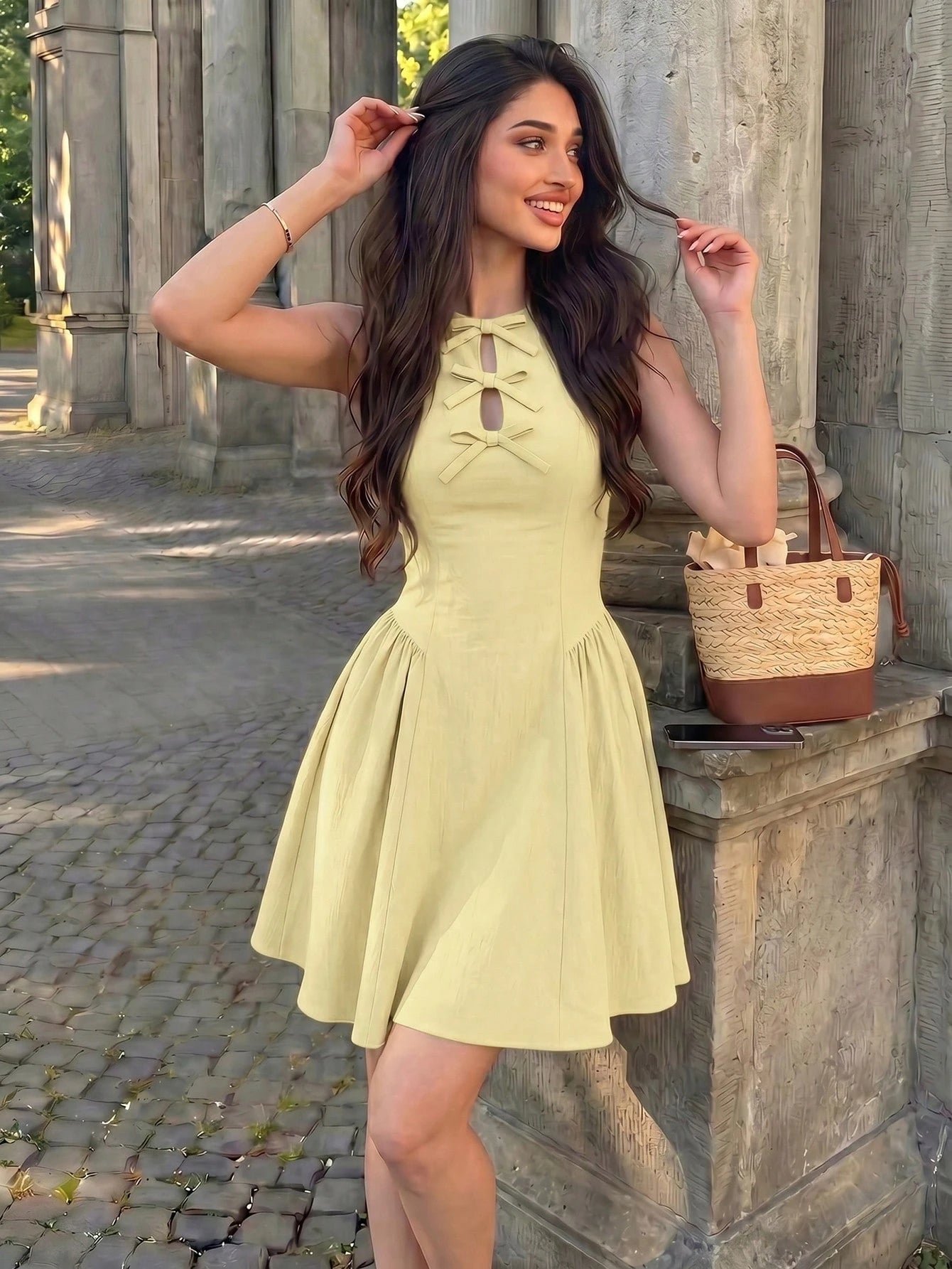 Mulvari Women's Lime Green Summer Cute Elegant Vacation Holiday Dress,Sleeveless Waist Gathered A-Line Skater Mini Dress With Bow, Cut Out Outfits