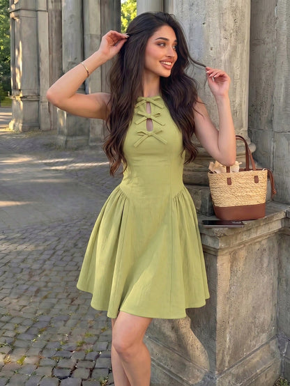 Mulvari Women's Lime Green Summer Cute Elegant Vacation Holiday Dress,Sleeveless Waist Gathered A-Line Skater Mini Dress With Bow, Cut Out Outfits