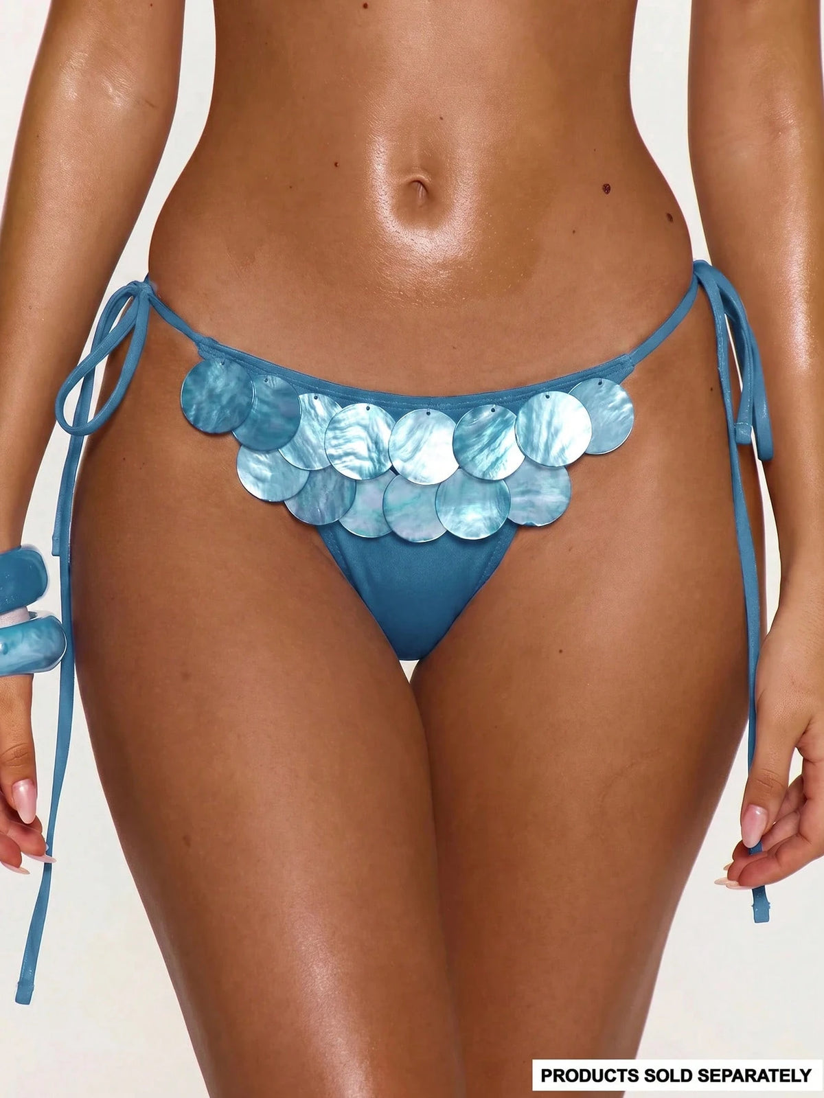 MUSERA Embellished Metallic Disc Tie Side Bikini Bottoms Coord Bottoms Only Beach Swim Sexy Cute Going Out Holiday Vacation Summer Deep Blue