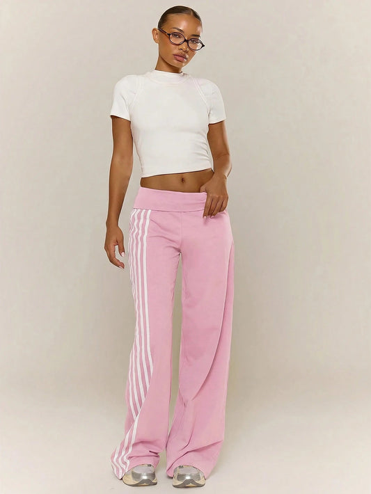 MUSERA Foldover Waist Stripe Detail Straight Leg Trousers Pants Spring Summer Holiday Vacation Coolgirl Everyday Casual Streetstyle