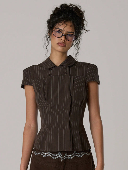 MUSERA Petal Sleeve Cinched Waist Stripe Shirt Top Spring Summer Cosy Cottage Core Spring Y2k Coco Cloud