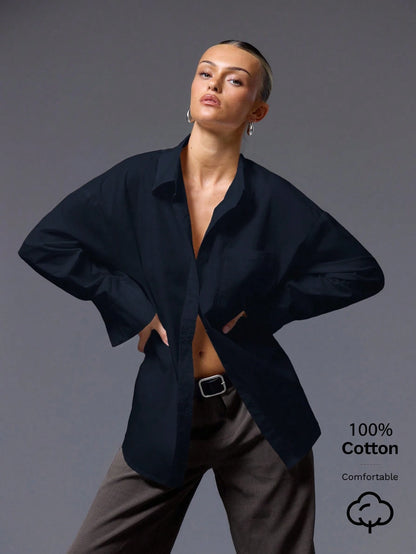 MUSERA Solid Drop Shoulder Button Front Shirt OversizedElegant Spring Summer Office Work Luxury Streetwear