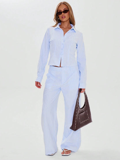 MUSERA Tailored Button Through Pinstripe Fitted Long Sleeve Shirt Business Casual Airport Cute Fall