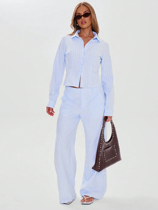 MUSERA Tailored Button Through Pinstripe Fitted Long Sleeve Shirt Business Casual Airport Cute Fall