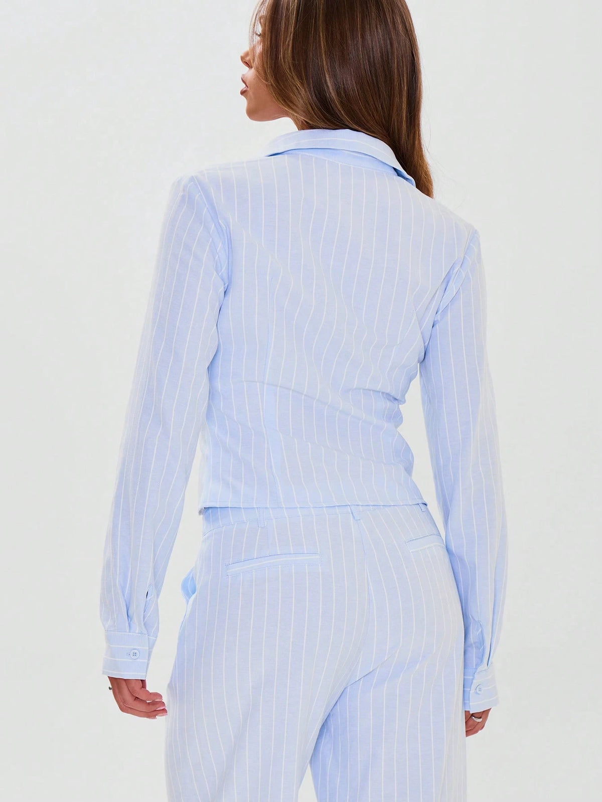 MUSERA Tailored Button Through Pinstripe Fitted Long Sleeve Shirt Business Casual Airport Cute Fall