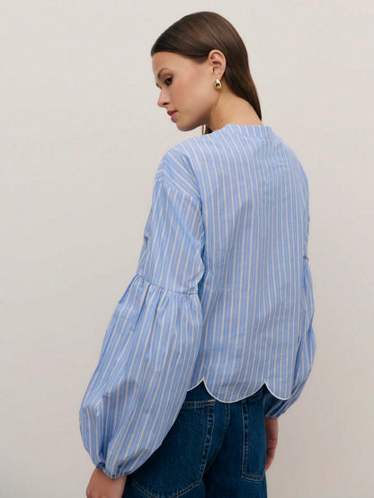 Nöista Blue Striped Shirt With Scalloped Hem, Perfect For Summer, Fall, Business And Casual.