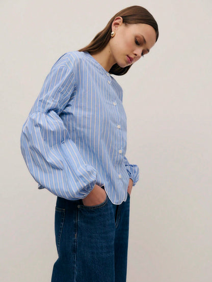 Nöista Blue Striped Shirt With Scalloped Hem, Perfect For Summer, Fall, Business And Casual.