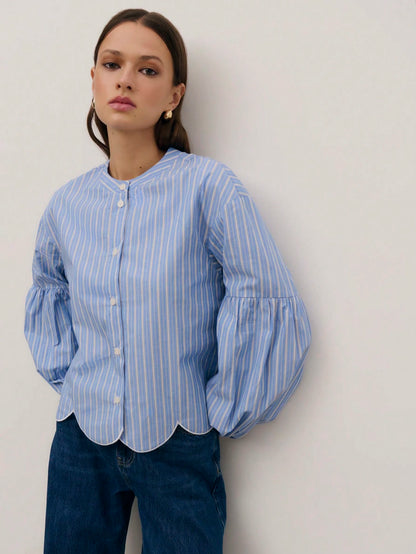 Nöista Blue Striped Shirt With Scalloped Hem, Perfect For Summer, Fall, Business And Casual.