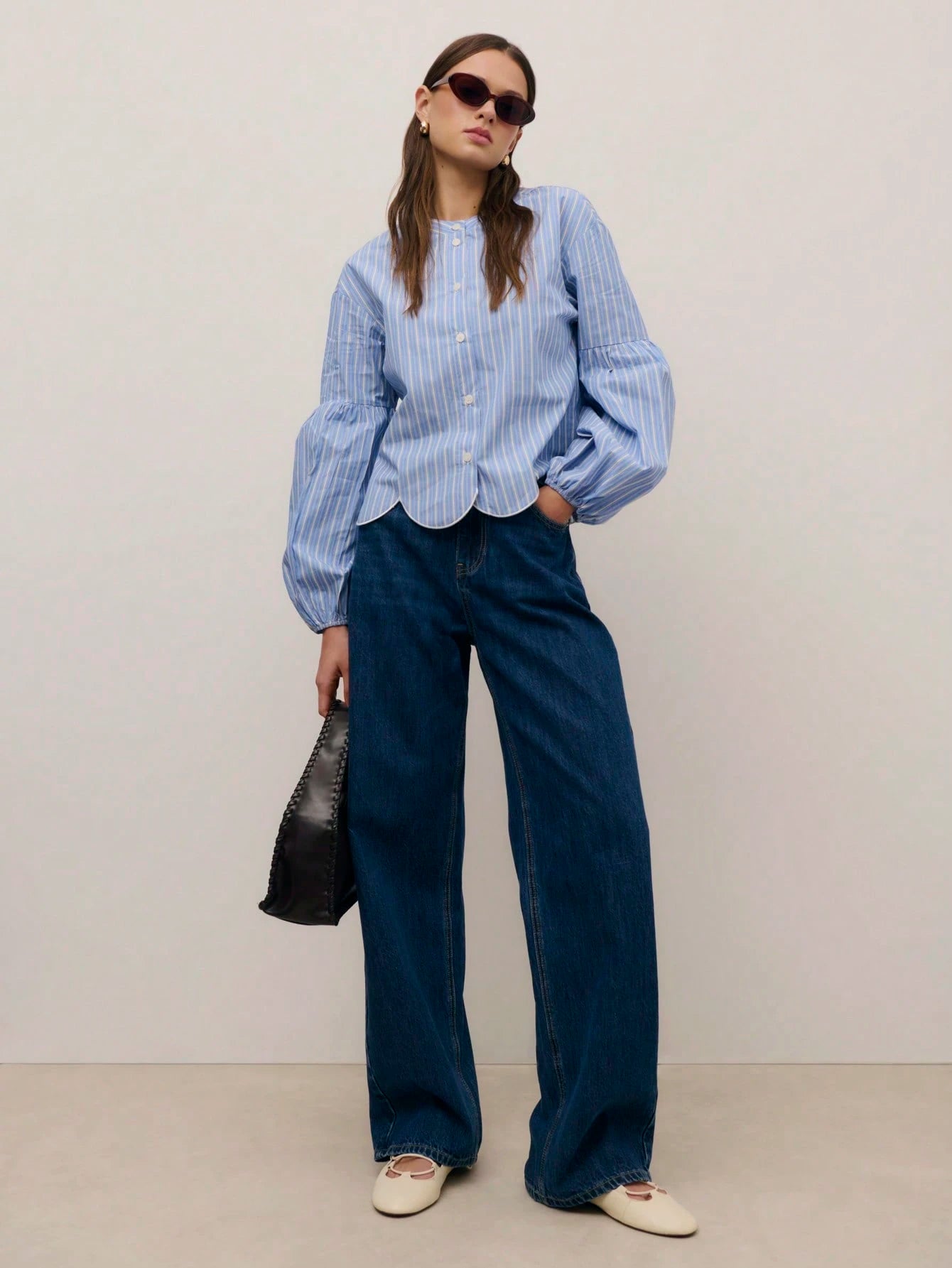 Nöista Blue Striped Shirt With Scalloped Hem, Perfect For Summer, Fall, Business And Casual.