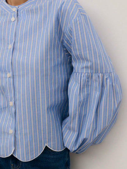 Nöista Blue Striped Shirt With Scalloped Hem, Perfect For Summer, Fall, Business And Casual.