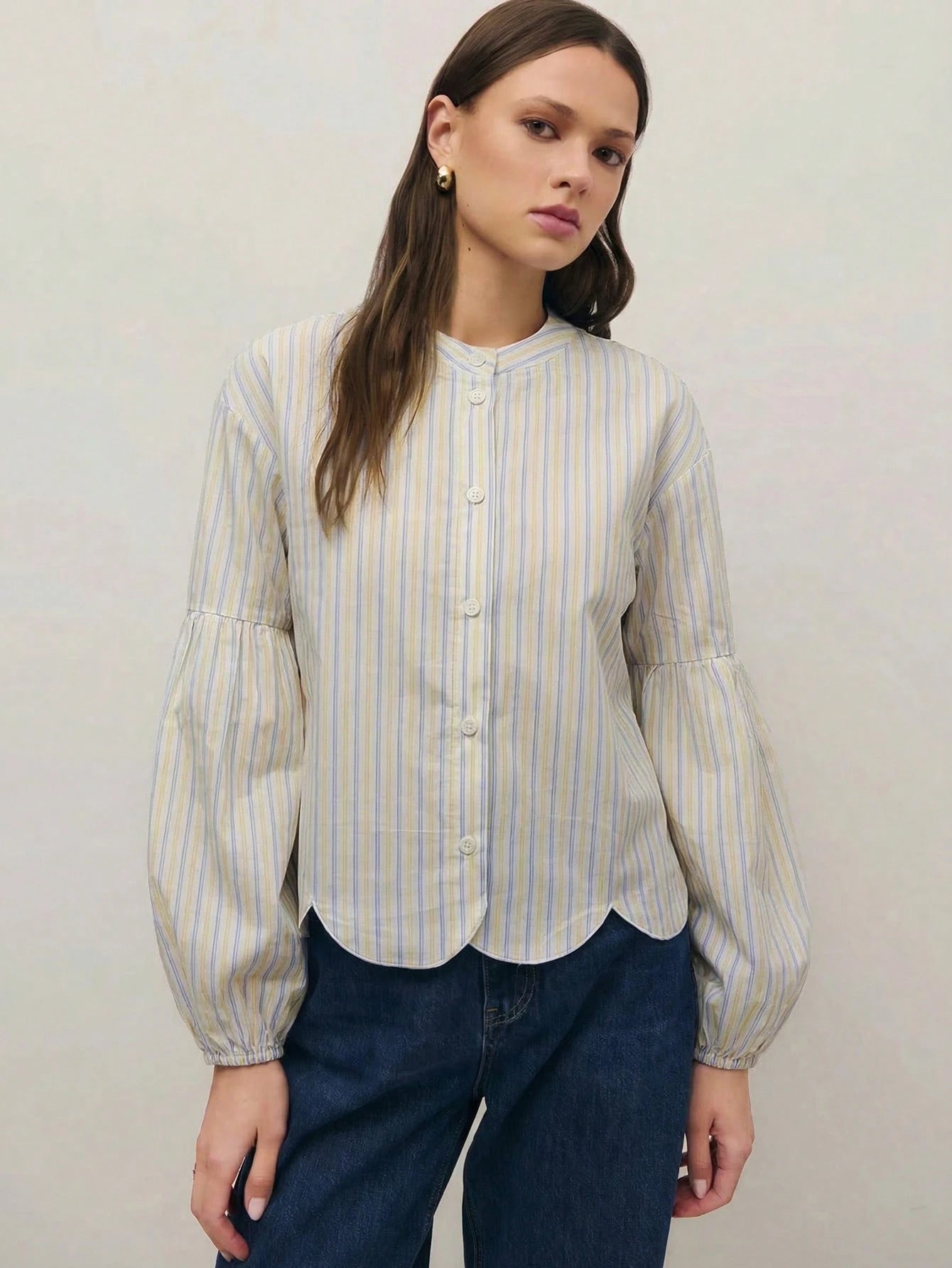 Nöista Regular Fit Shirt In Blue Stripes With Scallop Bottom Edge, Elastic Cuffs On Long Sleeves. Spring, Summer Looks, Casual For Women