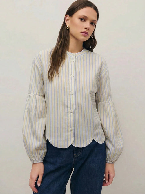 Nöista Regular Fit Shirt In Blue Stripes With Scallop Bottom Edge, Elastic Cuffs On Long Sleeves. Spring, Summer Looks, Casual For Women
