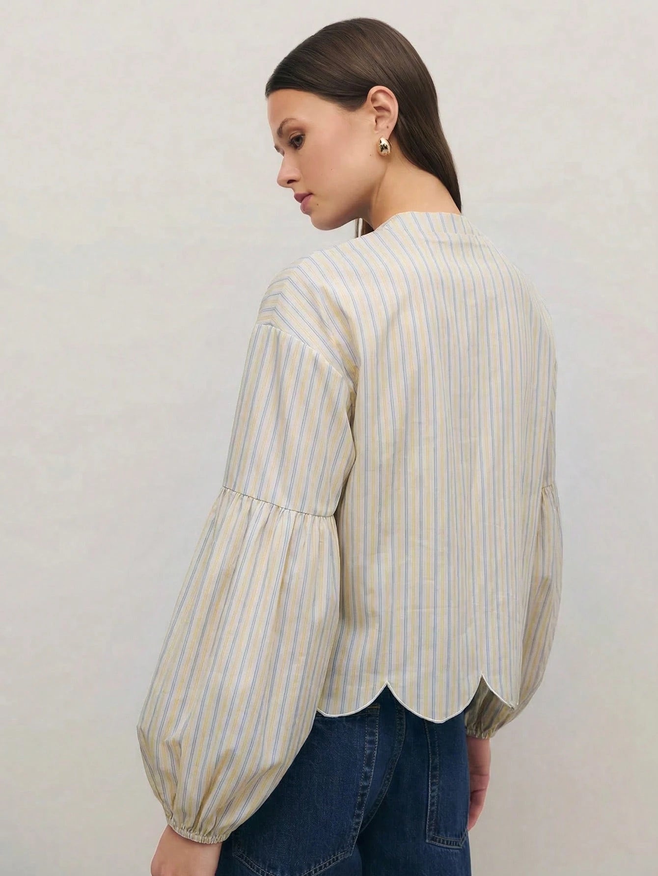 Nöista Regular Fit Shirt In Blue Stripes With Scallop Bottom Edge, Elastic Cuffs On Long Sleeves. Spring, Summer Looks, Casual For Women