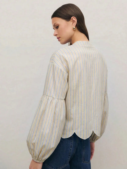 Nöista Regular Fit Shirt In Blue Stripes With Scallop Bottom Edge, Elastic Cuffs On Long Sleeves. Spring, Summer Looks, Casual For Women
