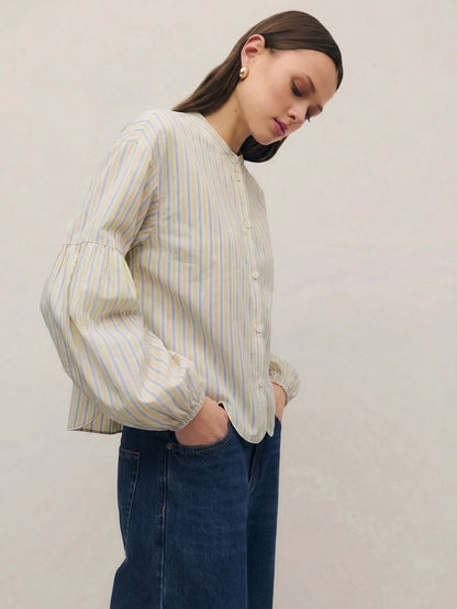 Nöista Regular Fit Shirt In Blue Stripes With Scallop Bottom Edge, Elastic Cuffs On Long Sleeves. Spring, Summer Looks, Casual For Women