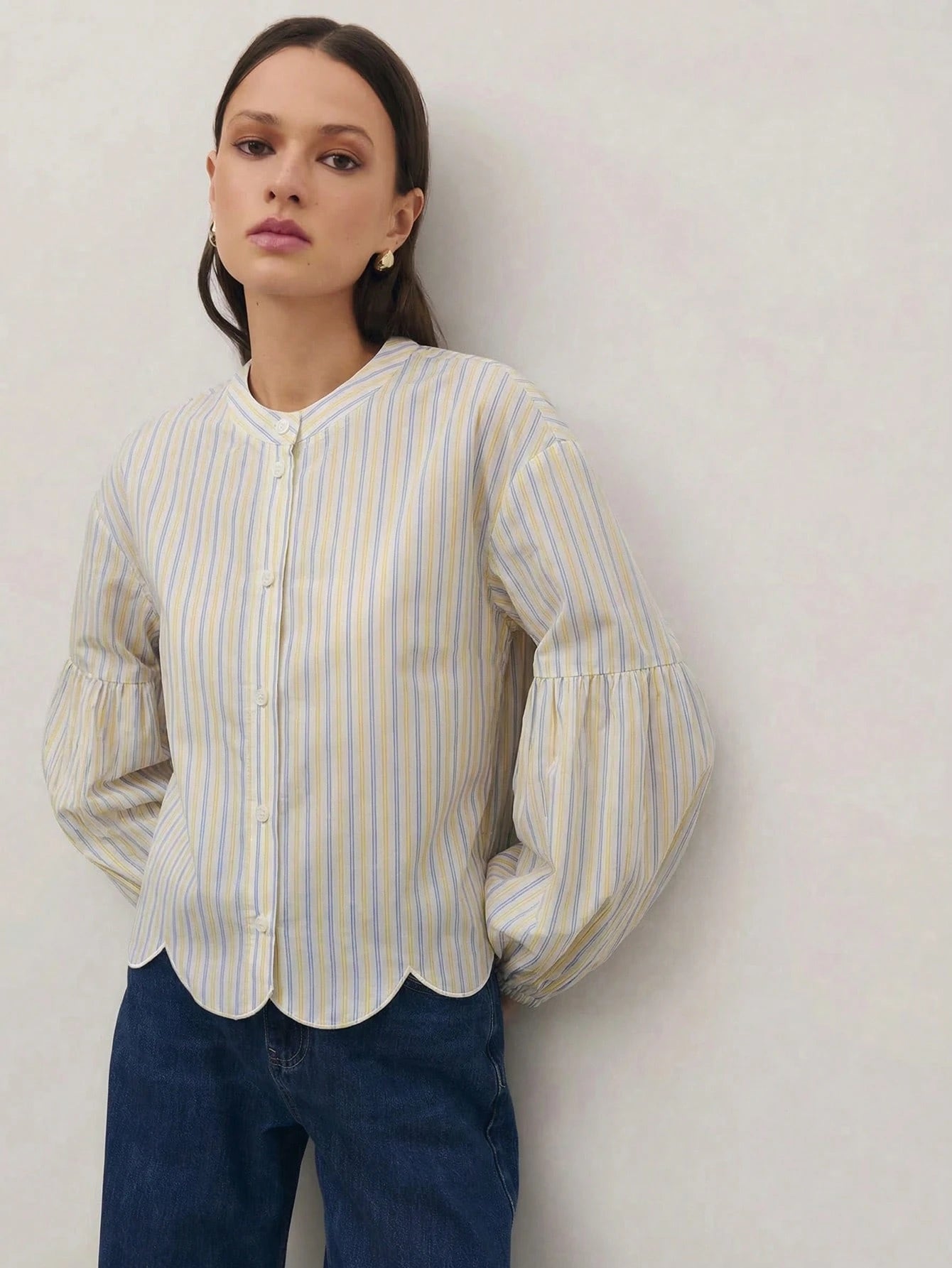 Nöista Regular Fit Shirt In Blue Stripes With Scallop Bottom Edge, Elastic Cuffs On Long Sleeves. Spring, Summer Looks, Casual For Women