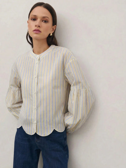 Nöista Regular Fit Shirt In Blue Stripes With Scallop Bottom Edge, Elastic Cuffs On Long Sleeves. Spring, Summer Looks, Casual For Women
