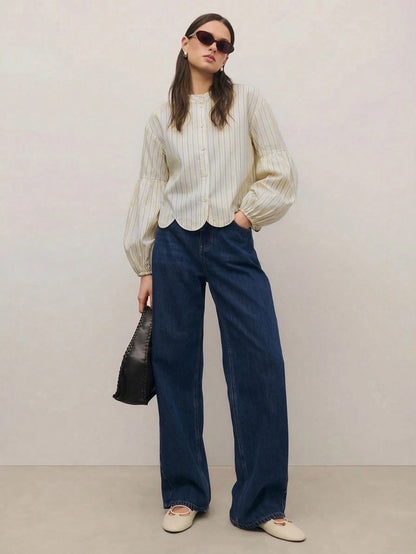 Nöista Regular Fit Shirt In Blue Stripes With Scallop Bottom Edge, Elastic Cuffs On Long Sleeves. Spring, Summer Looks, Casual For Women