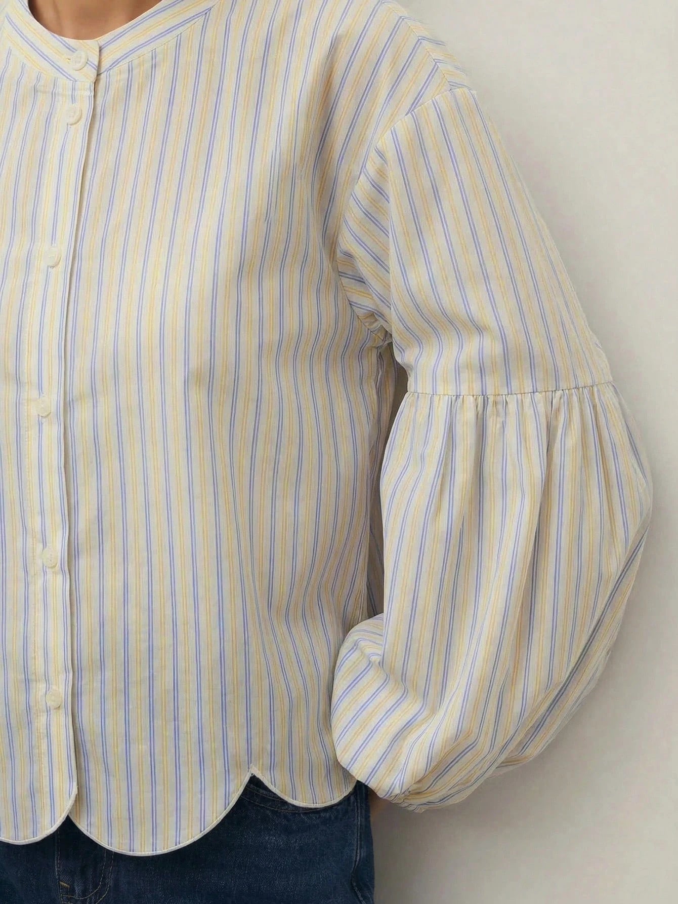 Nöista Regular Fit Shirt In Blue Stripes With Scallop Bottom Edge, Elastic Cuffs On Long Sleeves. Spring, Summer Looks, Casual For Women