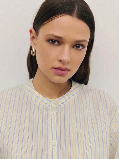 Nöista Regular Fit Shirt In Blue Stripes With Scallop Bottom Edge, Elastic Cuffs On Long Sleeves. Spring, Summer Looks, Casual For Women