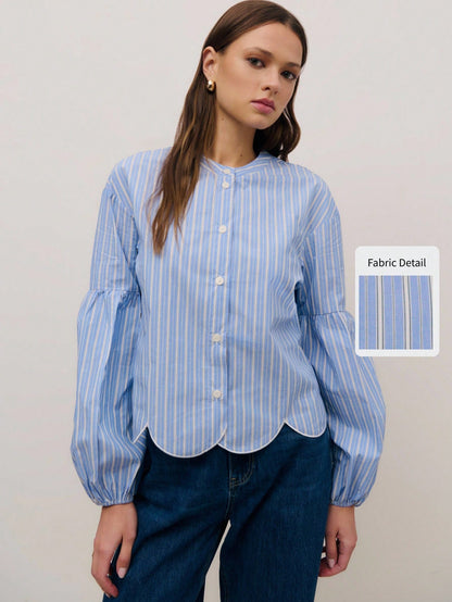 Nöista Regular Fit Shirt In Blue Stripes With Scallop Bottom Edge, Elastic Cuffs On Long Sleeves. Spring, Summer Looks, Casual For Women