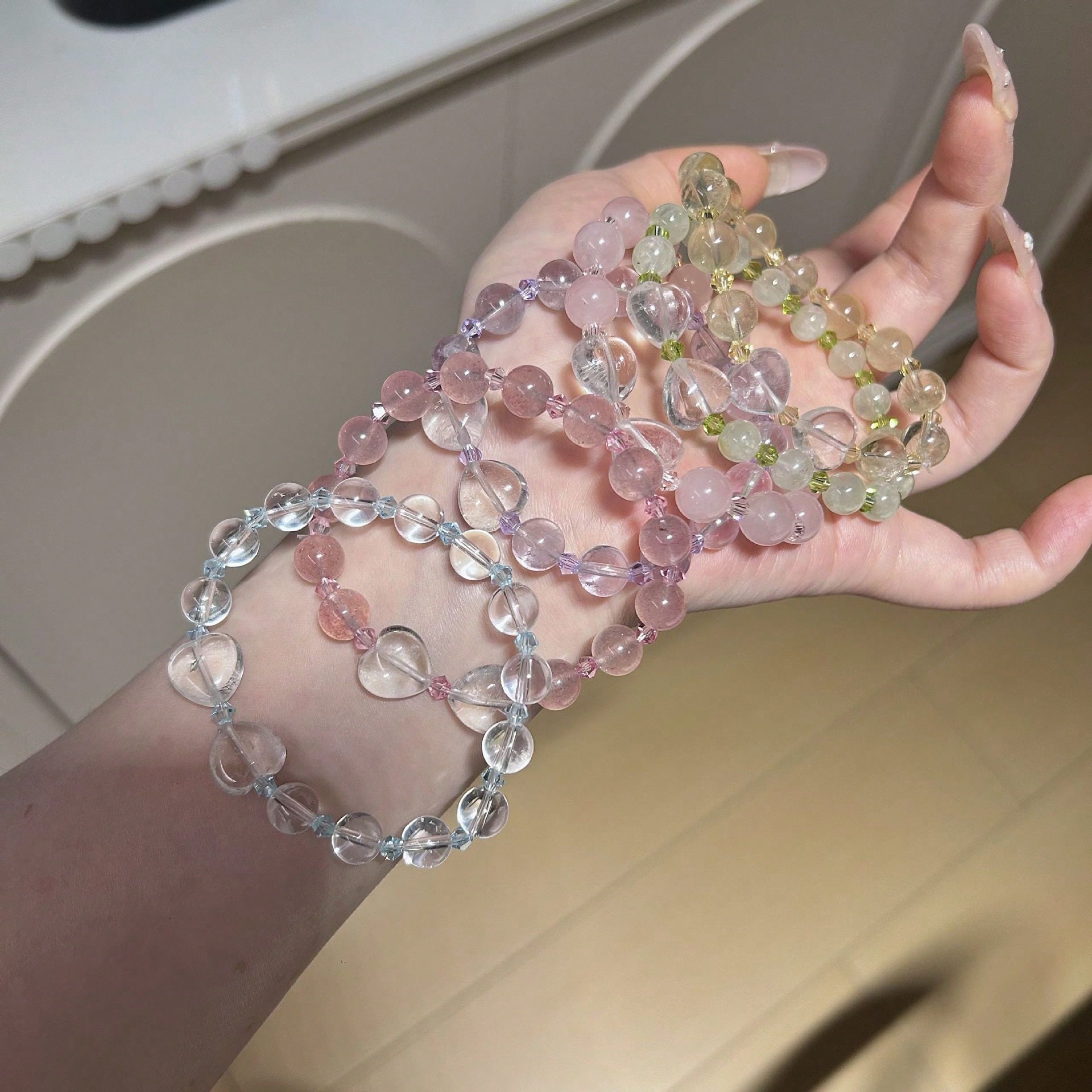 Natural White Heart-Shaped Amethyst And Quartz Bracelet, Multi-Bead Grape Bracelet.