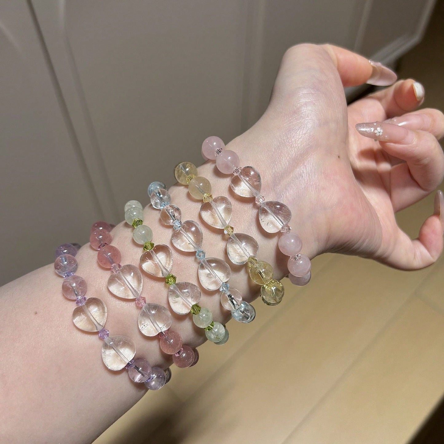 Natural White Heart-Shaped Amethyst And Quartz Bracelet, Multi-Bead Grape Bracelet.