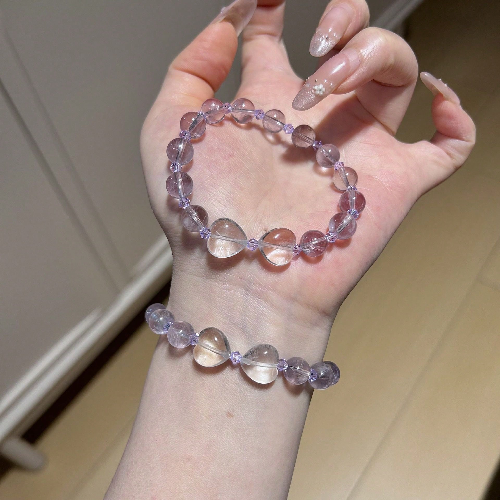 Natural White Heart-Shaped Amethyst And Quartz Bracelet, Multi-Bead Grape Bracelet.