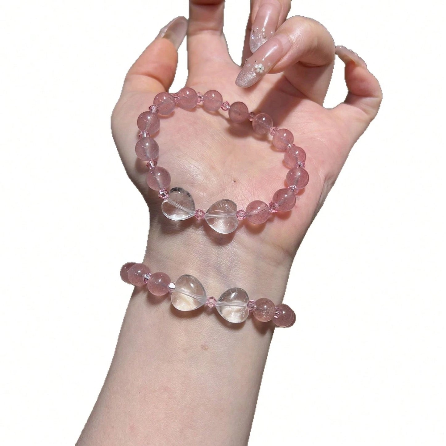 Natural White Heart-Shaped Amethyst And Quartz Bracelet, Multi-Bead Grape Bracelet.