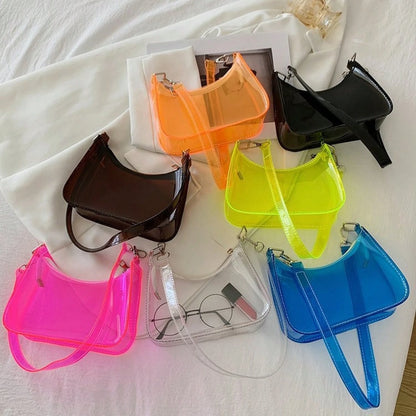 Neon Transparent PVC Baguette Underarm Bag, Detachable Adjustable Strap Y2K Shoulder Purse, Multi Bright Color Hobo Handbag Beach & Fes