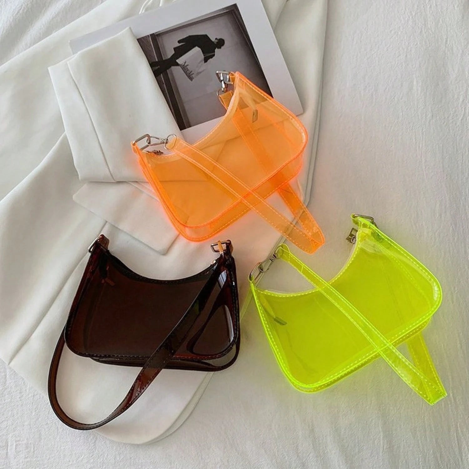 Neon Transparent PVC Baguette Underarm Bag, Detachable Adjustable Strap Y2K Shoulder Purse, Multi Bright Color Hobo Handbag Beach & Fes