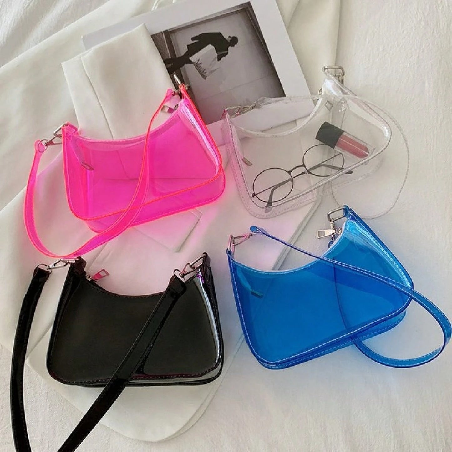 Neon Transparent PVC Baguette Underarm Bag, Detachable Adjustable Strap Y2K Shoulder Purse, Multi Bright Color Hobo Handbag Beach & Fes