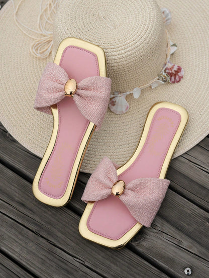 New Annual Women's Sandals, Flat Square Toe Design, Fresh Bowknot, High-End Texture Gold Buckle, Slouchy Slip-On, Mix And Match, One-Piece Home Spring Summer Outdoor, Casual Vacation Style Fashion Bea