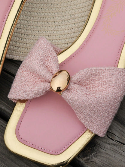 New Annual Women's Sandals, Flat Square Toe Design, Fresh Bowknot, High-End Texture Gold Buckle, Slouchy Slip-On, Mix And Match, One-Piece Home Spring Summer Outdoor, Casual Vacation Style Fashion Bea