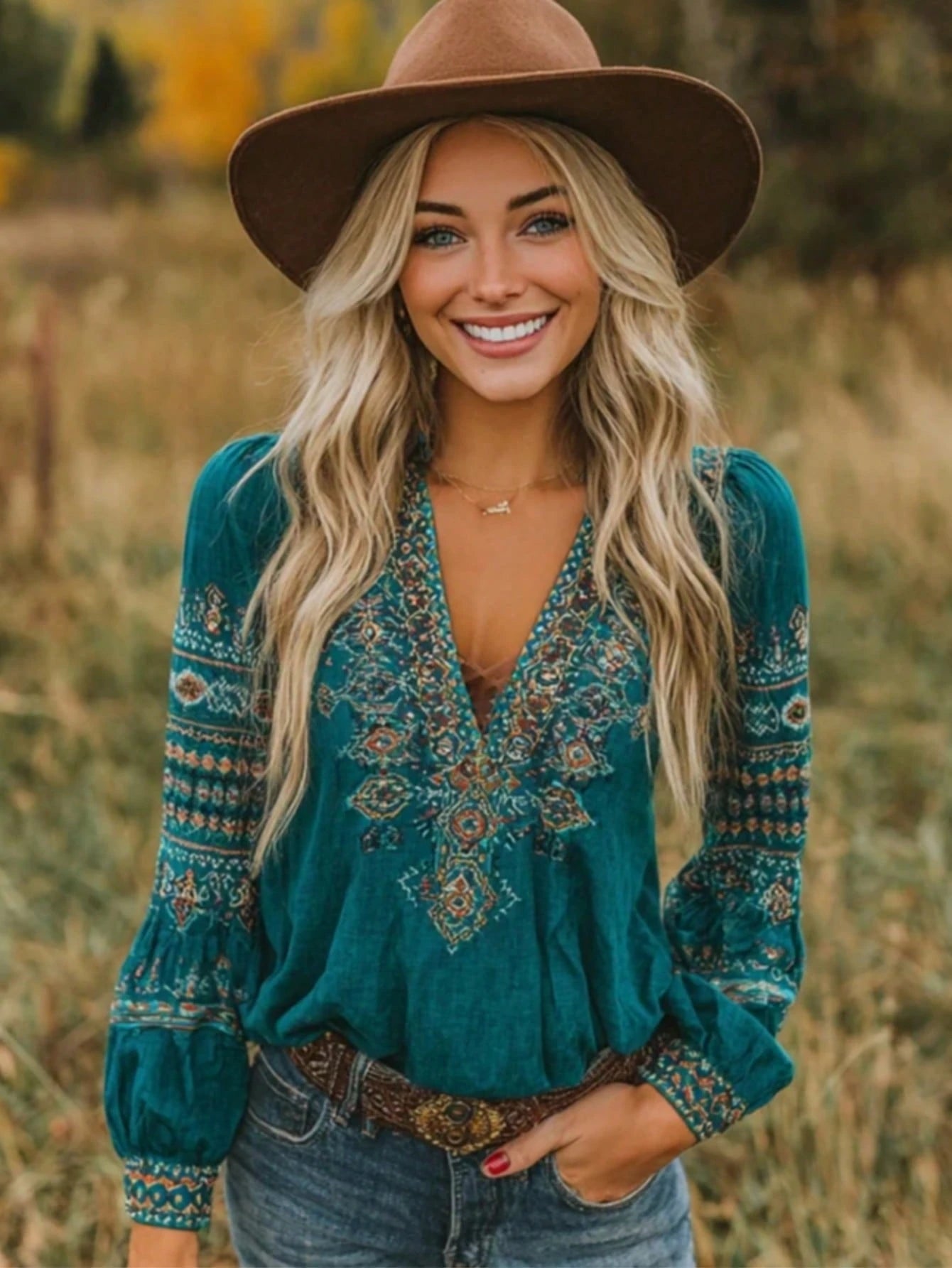 New Arrival Bohemian Style Printed V-Neck Long Sleeve Blouse, Casual & Comfortable Top Suitable For Spring, Summer, Autumn Vacation & Travel