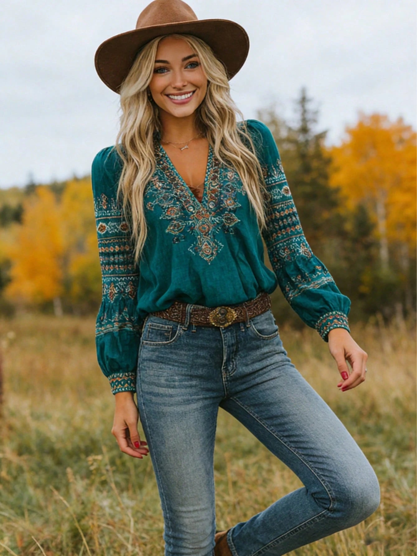New Arrival Bohemian Style Printed V-Neck Long Sleeve Blouse, Casual & Comfortable Top Suitable For Spring, Summer, Autumn Vacation & Travel