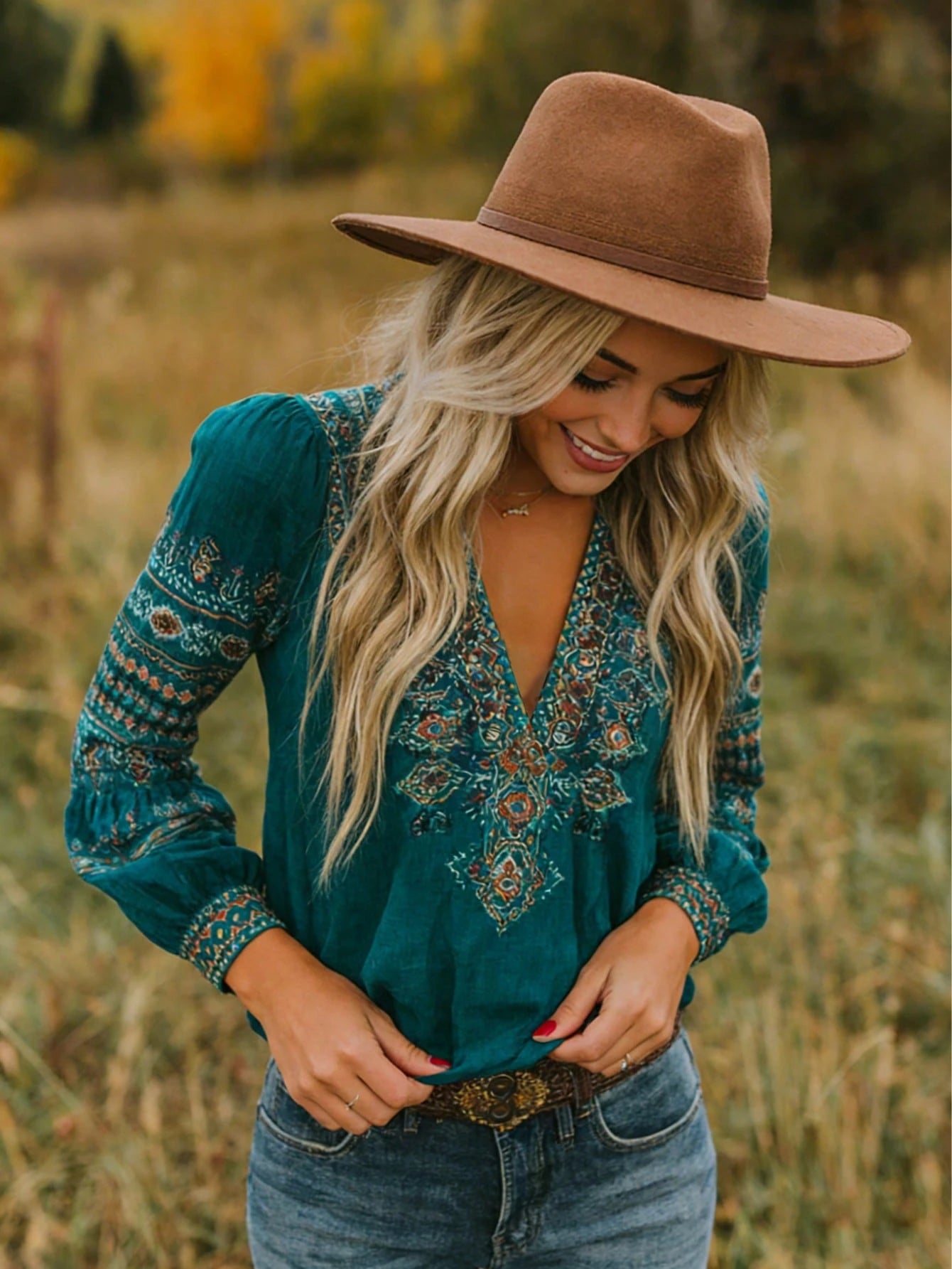 New Arrival Bohemian Style Printed V-Neck Long Sleeve Blouse, Casual & Comfortable Top Suitable For Spring, Summer, Autumn Vacation & Travel